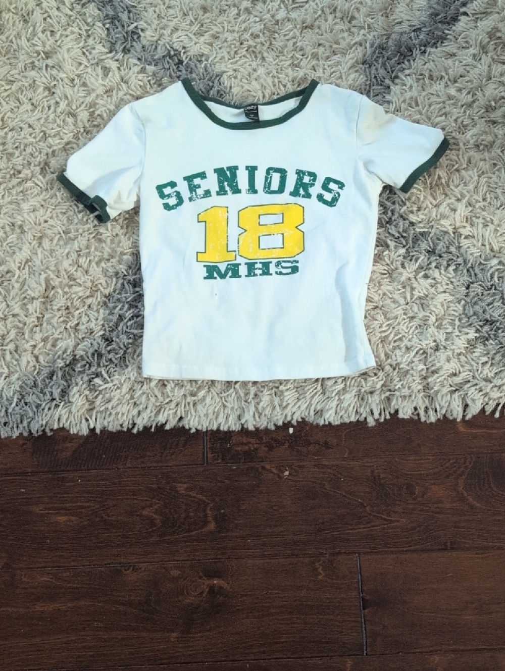 SHEIN White Crop Ringer Tee with Green Trim and Yellow Graphic